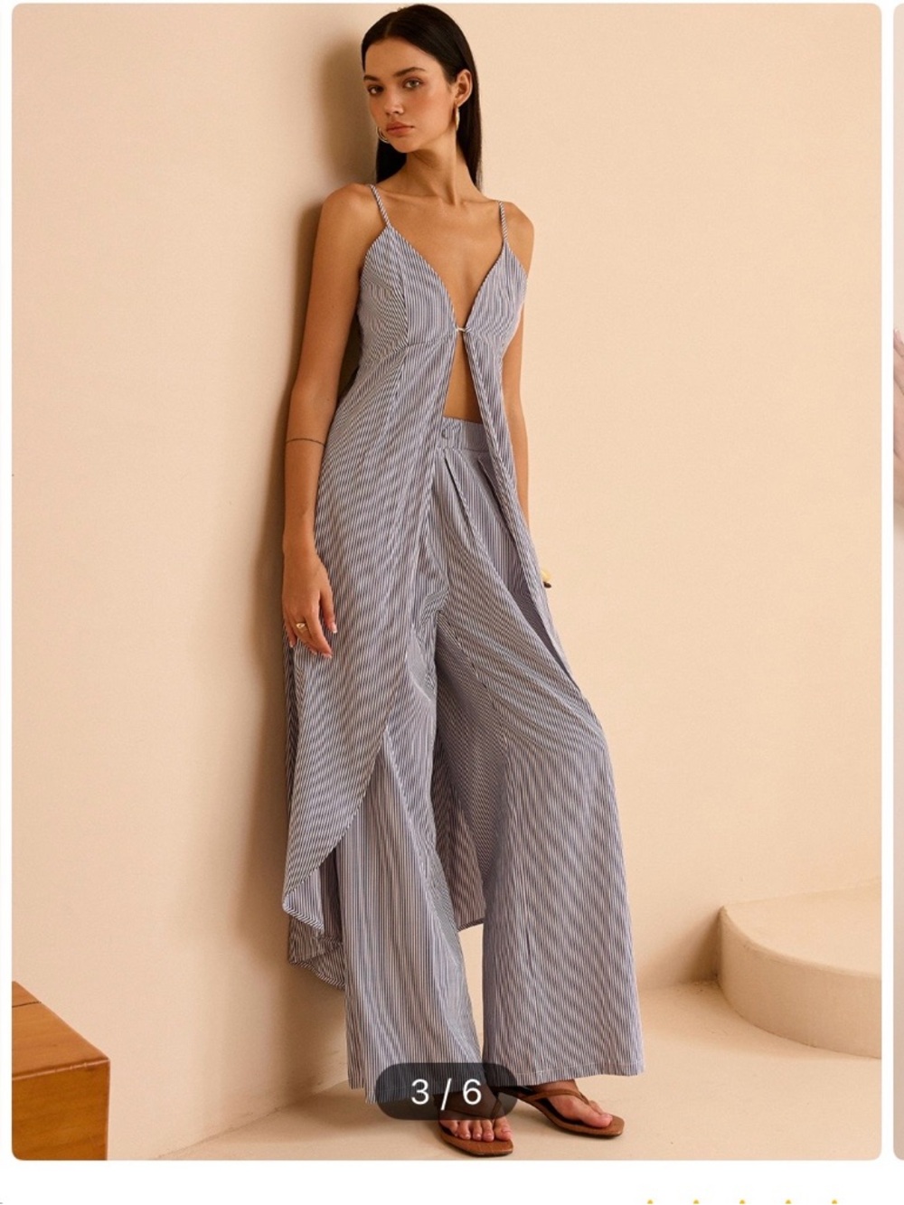 Commense Blue Striped Wide-Leg Jumpsuit with Front Tie Detail